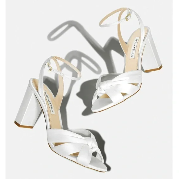 Aquazzura Nina 85 Silk Satin Knot Ankle Strap Block Heel Sandals Bridal White - Picture 2 of 16